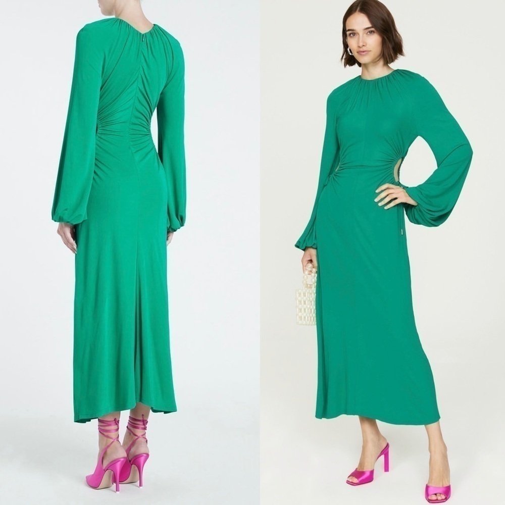 REBECCA VALLANCE 70s Ruched Tie Waist Cutout Long Bell Sleeve Disco Midi Dress 8 - Picture 4 of 15